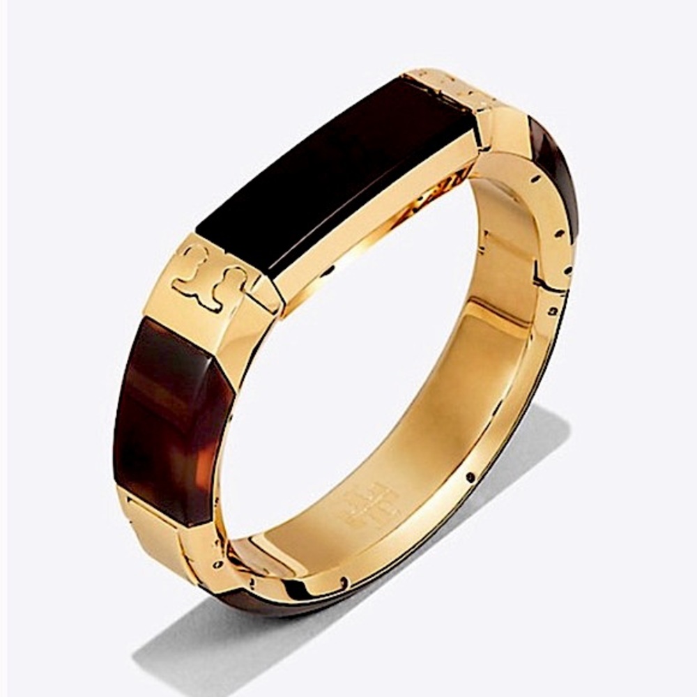 Tory Burch Gold and Dark Brown Resin Hinged Bangle Bracelet